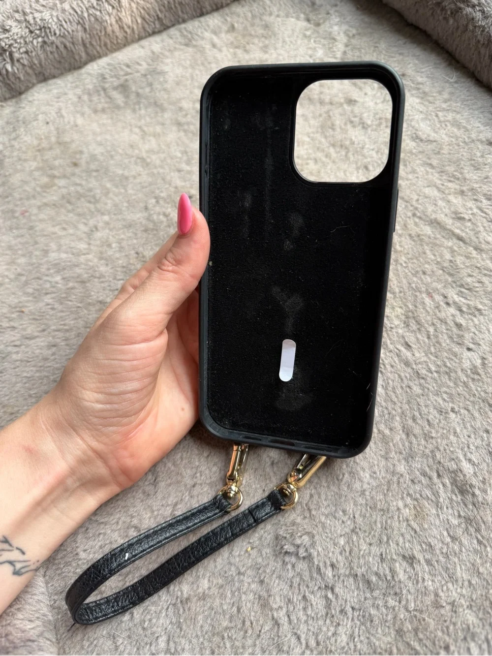 iPhone 13 Pro Max Black Leather Wristlet Phone Wallet Case with Gold Accents